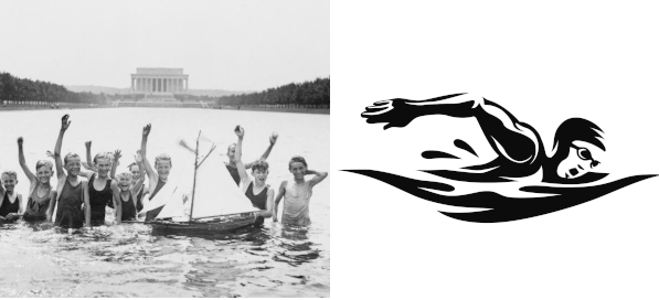 Left: Kids swimming in the reflecting pool in front of the Lincoln Memorial, July 7, 1926. Source: Library of Congress. Right: Clip art of a swimmer. Source: Freepik.